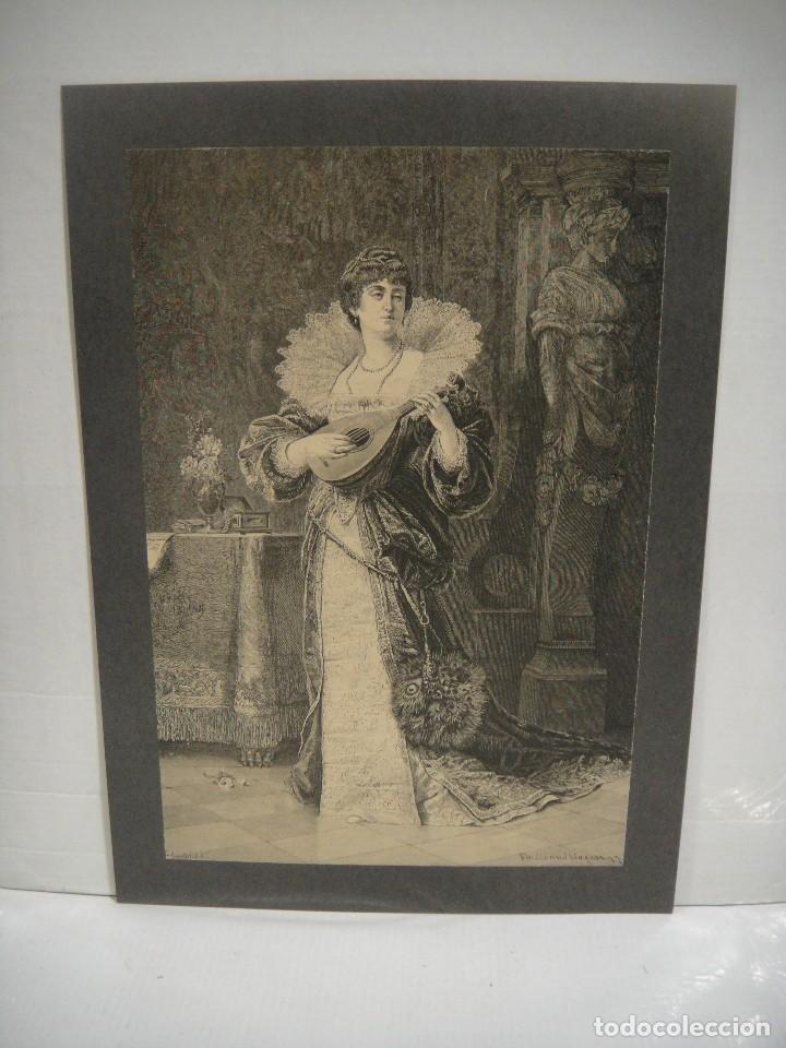 Arte: dama con laud - grabado litografico - - Foto 1