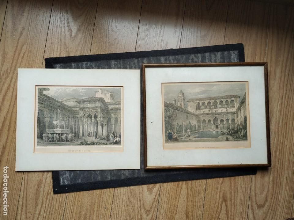 Art: DOS GRABADOS ALHAMBRA GRANADA A&Ntilde;OS 70 REPRODUCCIONES DE DAVID ROBERTS LA ALBERCA Y FUENTE LEONES