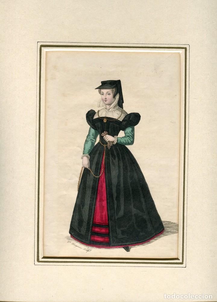 Art: Ren&eacute;e de Rieux, condesa de Ch&acirc;teauneuf - Grabado original coloreado s. XIX