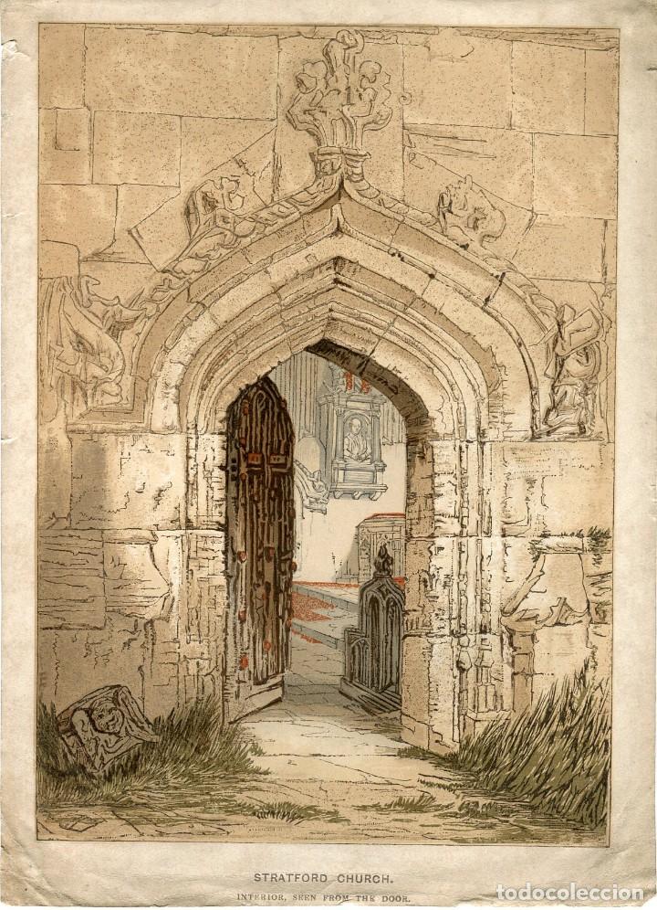 Art: Iglesia de Stratford - Litograf&iacute;a original de Old England - 1845