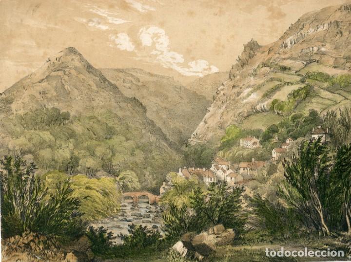 Kunst: Pueblo entre monta&ntilde;as - Litograf&iacute;a original antigua coloreada a mano