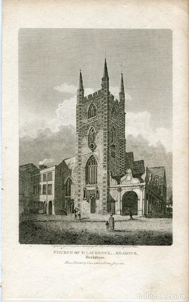 Art: Iglesia de San Lorenzo, Reading, Berkshire - Grabado original J. Owen 1804