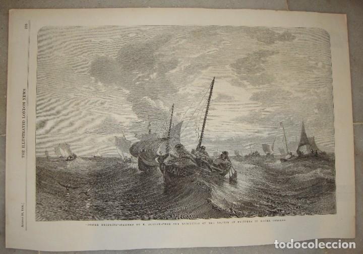 Arte: Grabado mar&iacute;timo de pesca de ostras &middot; Oyster Dredging &middot; S. XIX, 1856 &middot; The Illustrated London News.