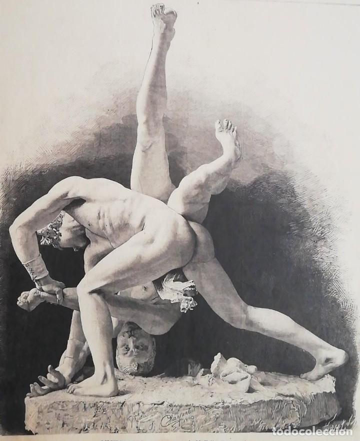 Kunst: Antiguo grabado - old engraving: LUCHADORES grupo en yeso de M F&eacute;lix Charpentier