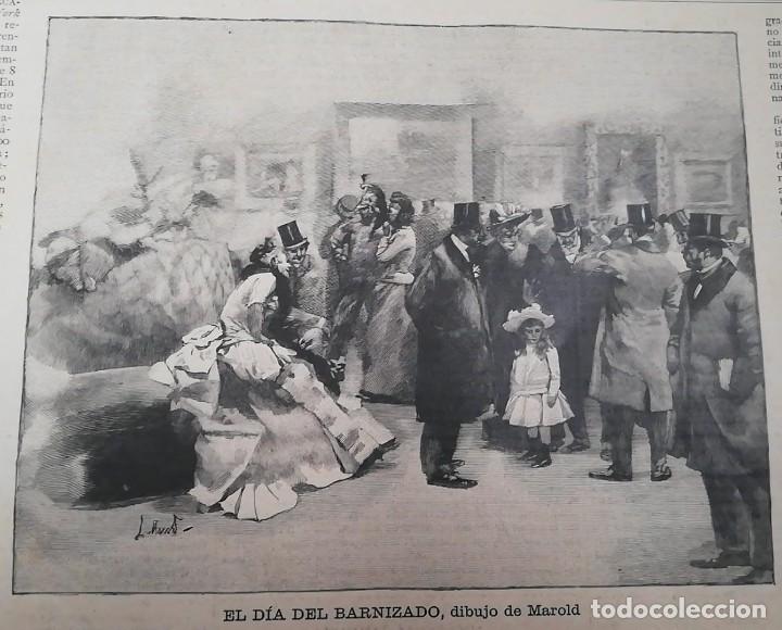Arte: Antiguo grabado - Old engraving : El d&iacute;a del barnizado en el sal&oacute;n de Par&iacute;s, de Marold. 1890