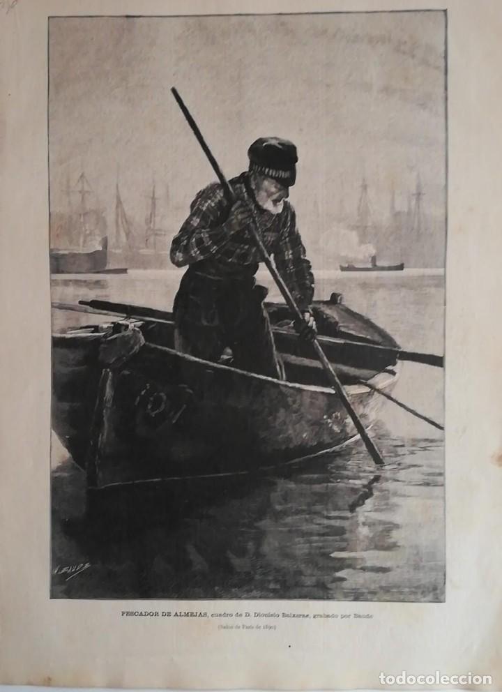 Arte: Antiguo Grabado- Antique Engraving: Pescador de Almejas. Baude 1890