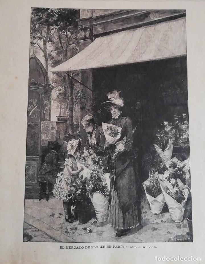 Arte: Antiguo Grabado- Antique Engraving: El mercado de Flores en Par&iacute;s, cuadro de A. Lonza. 1890