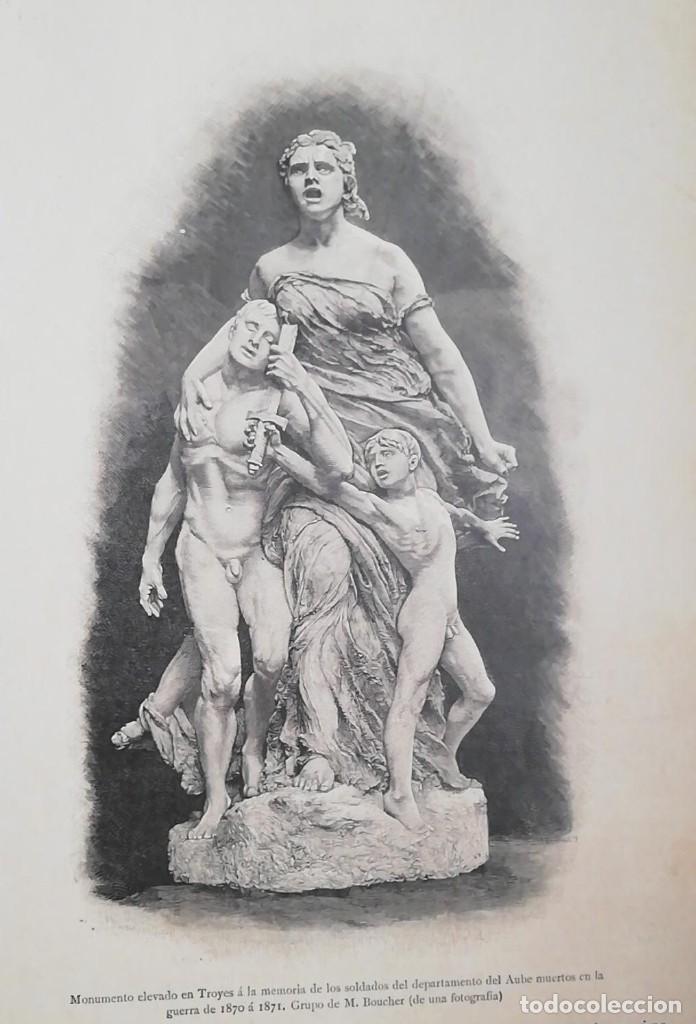 Arte: Antiguo Grabado- Antique Engraving: Monumento a los soldados del Aube. Troyes. M. Boucher 1890