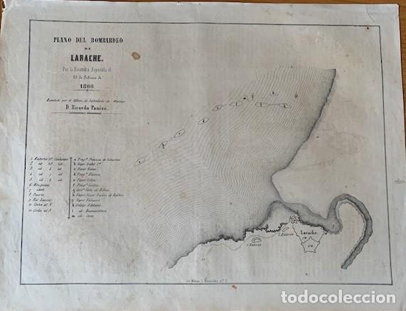 Kunst: Plano del bombardeo de Larache - Litograf&iacute;a original de 1860