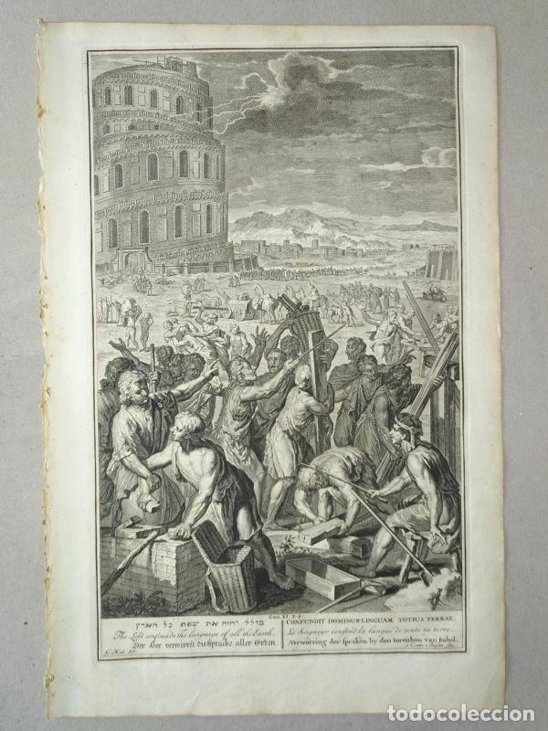 Arte: Biblia: Construcci&oacute;n de la Torre de Babel y confusi&oacute;n de lenguas, 1728. Hoet /Buysen - Foto 2