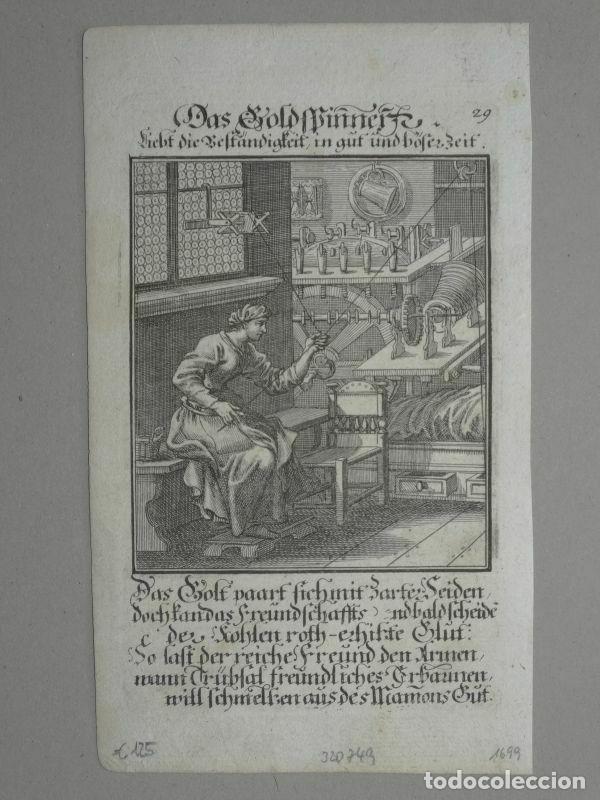 Arte: Hilandera en su taller textil, 1699. Luyken / Weigel - Foto 1