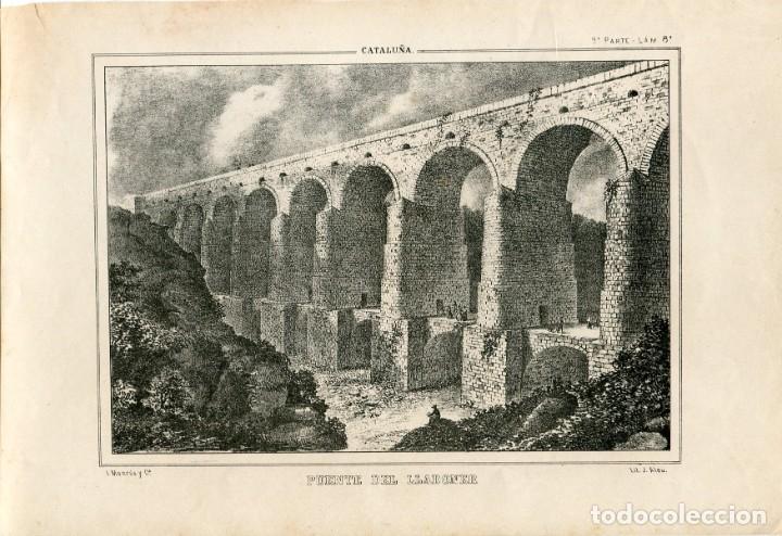 Art: Puente del Lladoner, Catalu&ntilde;a - Litograf&iacute;a original de J. Aleu - 1877