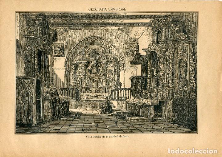 Arte: Catedral de Quito, vista interior - Grabado original antiguo - 1867