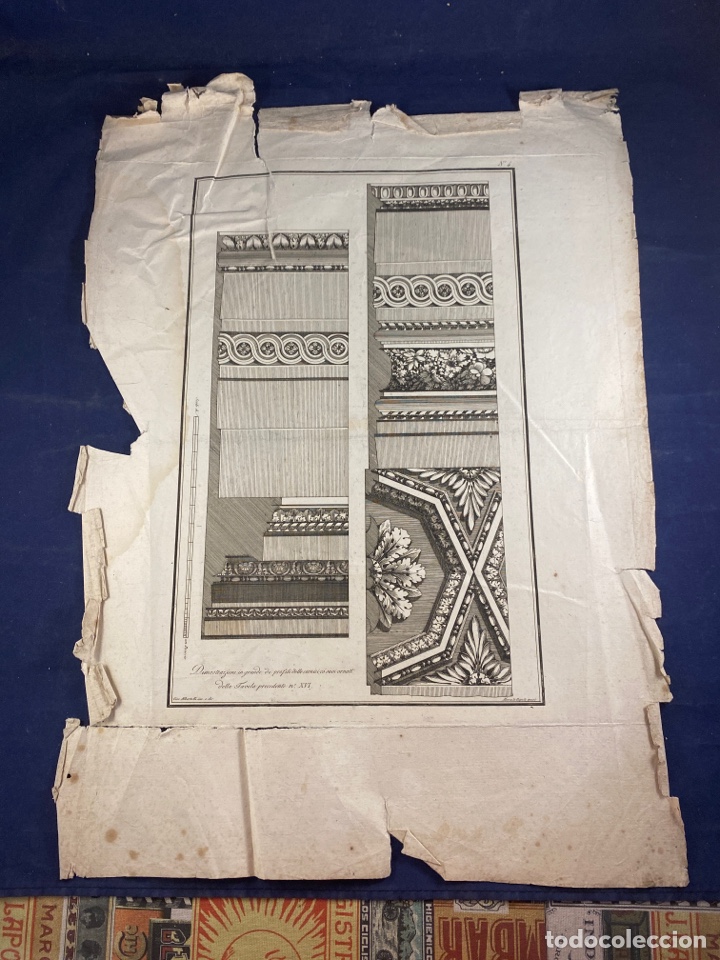 Arte: L&aacute;mina de ornamentaci&oacute;n arquitect&oacute;nica: cornisas y friso de acanto&rdquo; Calcograf&iacute;a italiana.