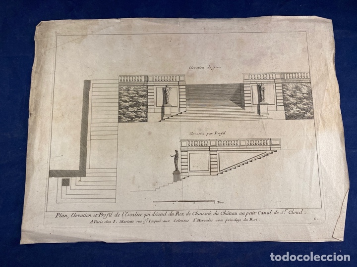 Arte: Plan elevation et profil de l&rsquo;escalier qui decend du Rez de Chausse du Chateau au Petit canal de St.