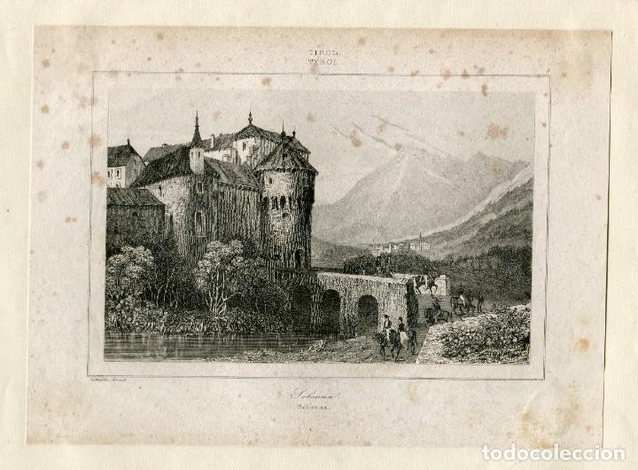 Kunst: Castillo de Schenna, Tirol - Grabado original al acero - s. XIX
