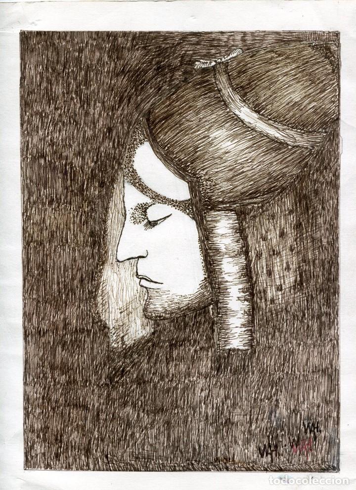 Art: Perfil de luz, seg&uacute;n Odilon Redon - Dibujo original a tinta firmado W.H.