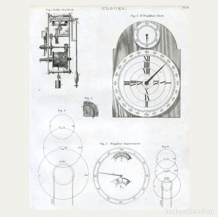 Art: Grabado al acero de la Enciclopedia Inglesa. Clocks. PL.82. 1802