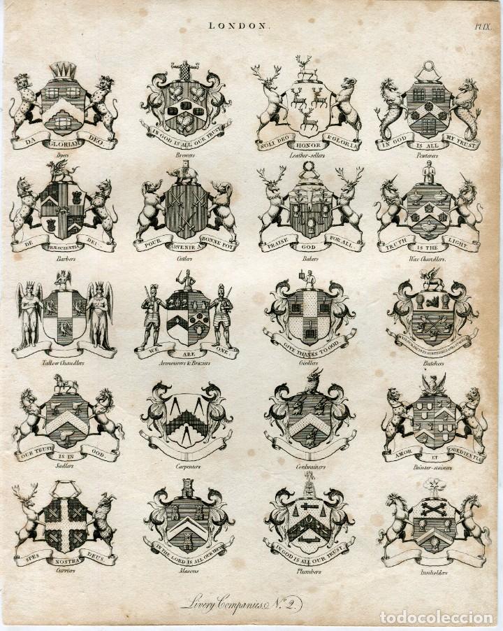 Arte: Inglaterra. Livery Compannies. N&ordm; 2. Plate IX. Grabadoantiguo del siglo XIX.