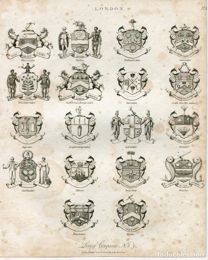 Arte: Inglaterra. Livery Compannies. N&ordm; 5. Plate X. Grabado antiguo del siglo XIX.