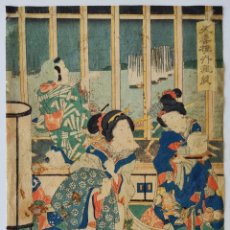 Arte: GRABADO JAPONÉS ORIGINAL MAESTRO UKIYO-E UTAGAWA KUNISADA, 歌川 国貞, CEREMONIA DEL TÉ, GEISHAS, C. 1830. Lote 335763808
