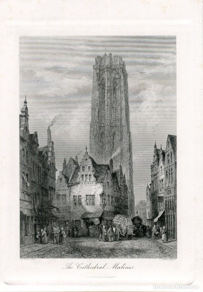 Art: Catedral de Malinas, B&eacute;lgica - Grabado original de J.J. Crew - s. XIX
