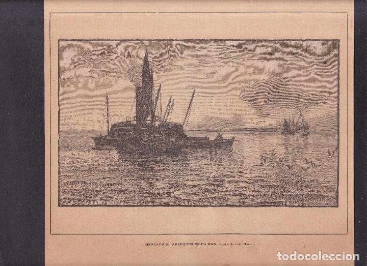 Arte: GRABADO 1886 - LA ILUSTRACI&Oacute;N IBERICA - MERCADO DE ARENQUES EN EL MAR, COLIN HUNTER