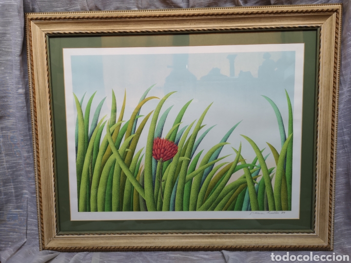 Art: Cuadro grabado flor roja entre hojas