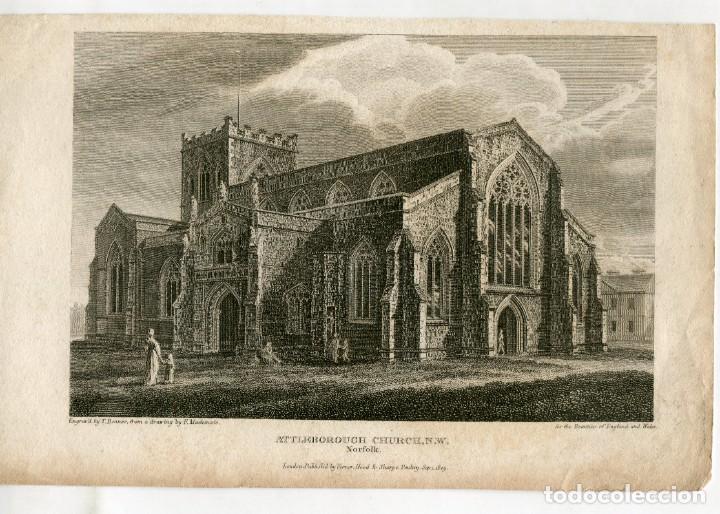 Arte: Iglesia de Attleborough, Norfolk - Grabado original de T. Bonnor - 1809