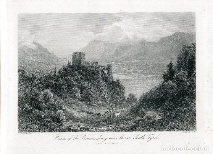 Arte: Austria. Ruins of the Brunnenburg near Meran South Tyrol grabado por T. Heawood de una obra de E.T.