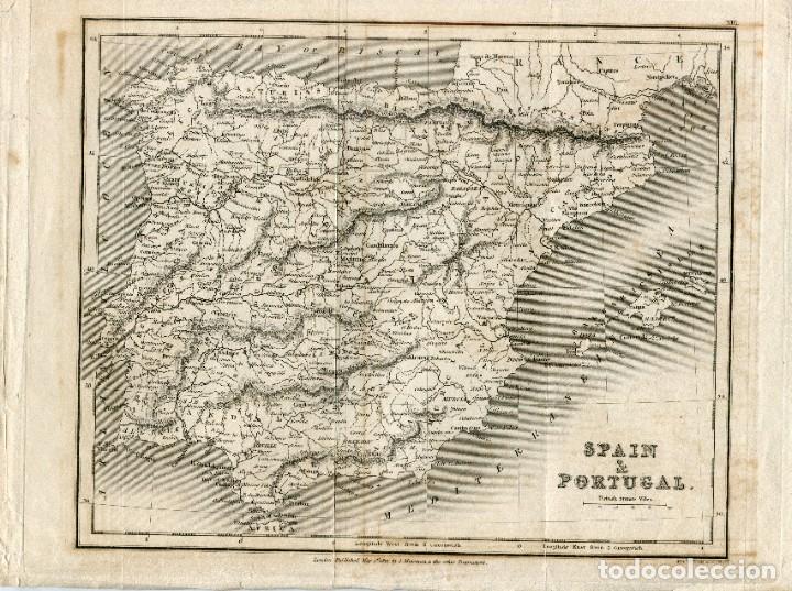 Arte: Mapa de Espa&ntilde;a y Portugal - Grabado original antiguo - Mawman, 1827