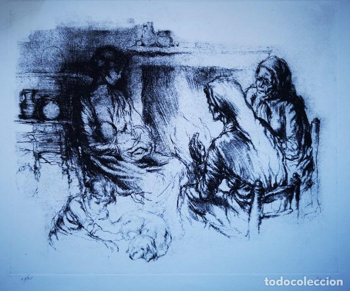 Art: Grabado familia al calor de una chimenea