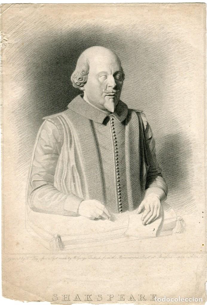 Arte: Grabado de la escultura a William Shakesteare en Stratford-upon-Avon