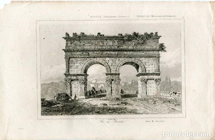 Arte: Arco de Germ&aacute;nico en Saintes - Grabado original s. XIX - Francia