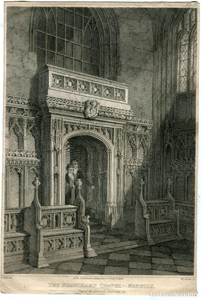 Arte: Capilla Beauchamp, Warwick - Grabado original de Woolnoth - 1812