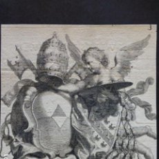 Arte: GRABADO ALEGORICO ESCUDO POSTIFICE SIGLO XVIII R. V. A. FECIT 17 X 18 CMTS MONTADO SOBRE CARTULINA