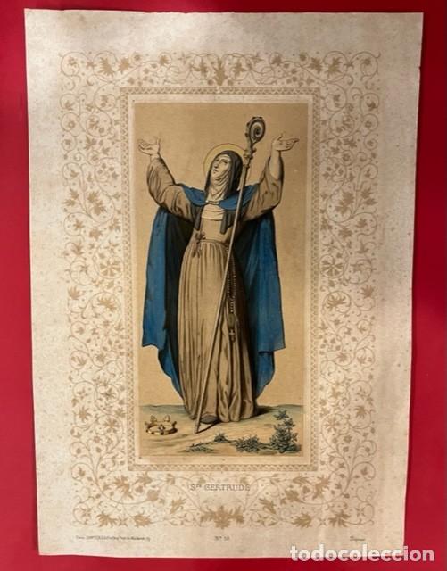 Arte: LITOGRAFIA DE SANTA GERTRUDES, STE. GERTRUDE, COLOREADA A MANO, SIGLO XIX