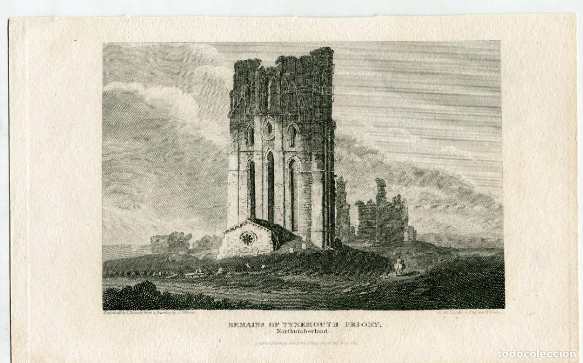 Arte: Ruinas del priorato de Tynemouth, Northumberland - Grabado de T. Bonnor