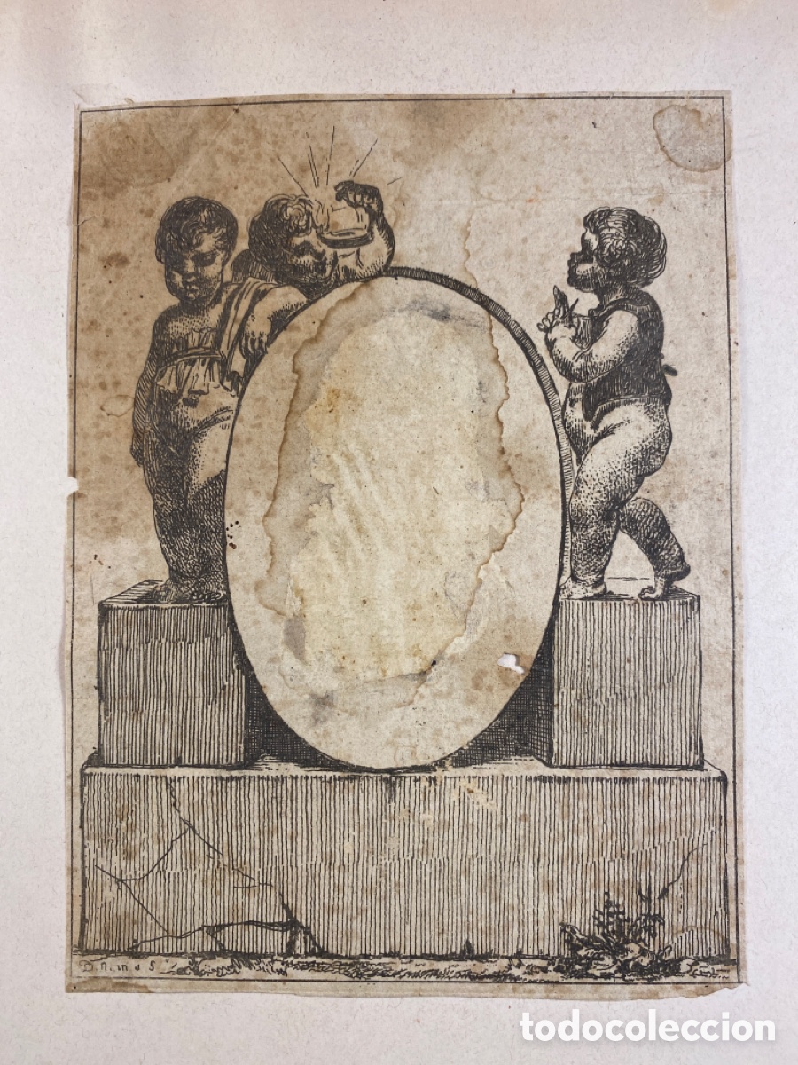 Arte: Grabado a buril con querubines siglo XVIII - Foto 2