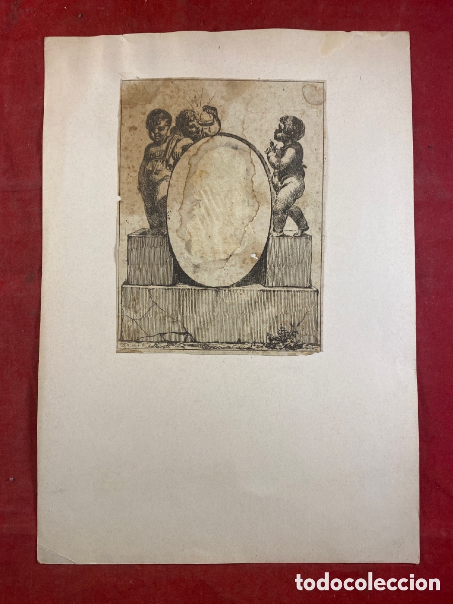 Arte: Grabado a buril con querubines siglo XVIII - Foto 1