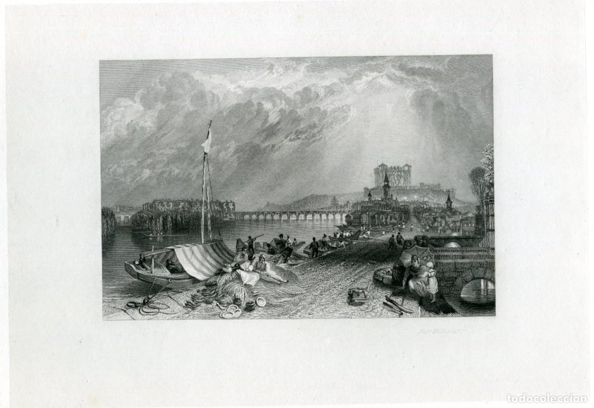 Arte: Saumur y su castillo, Loira - Grabado original de R. Wallis seg&uacute;n Turner