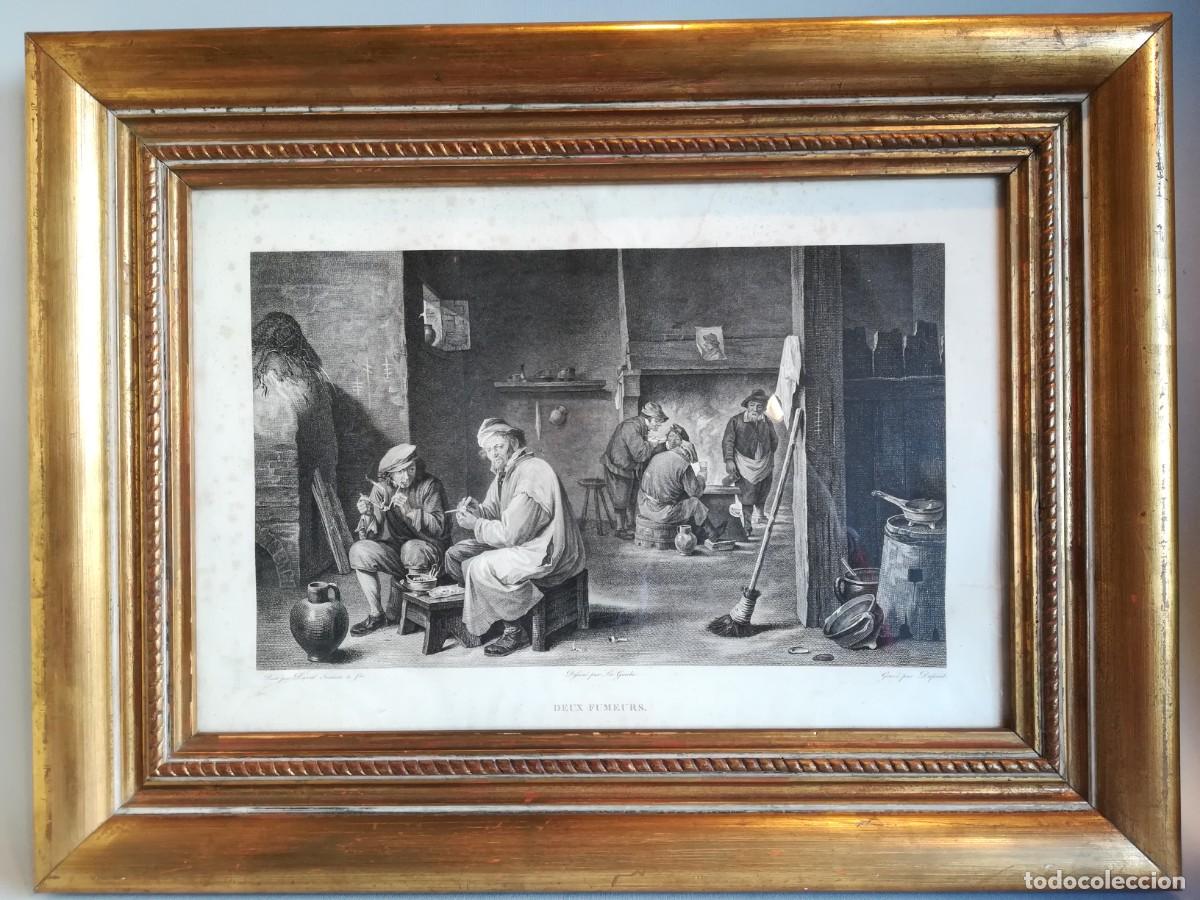 Arte: GRABADO ANTIGUO LOS FUMADORES JEAN BAPTISTE MICHEL DUPR&Eacute;EL