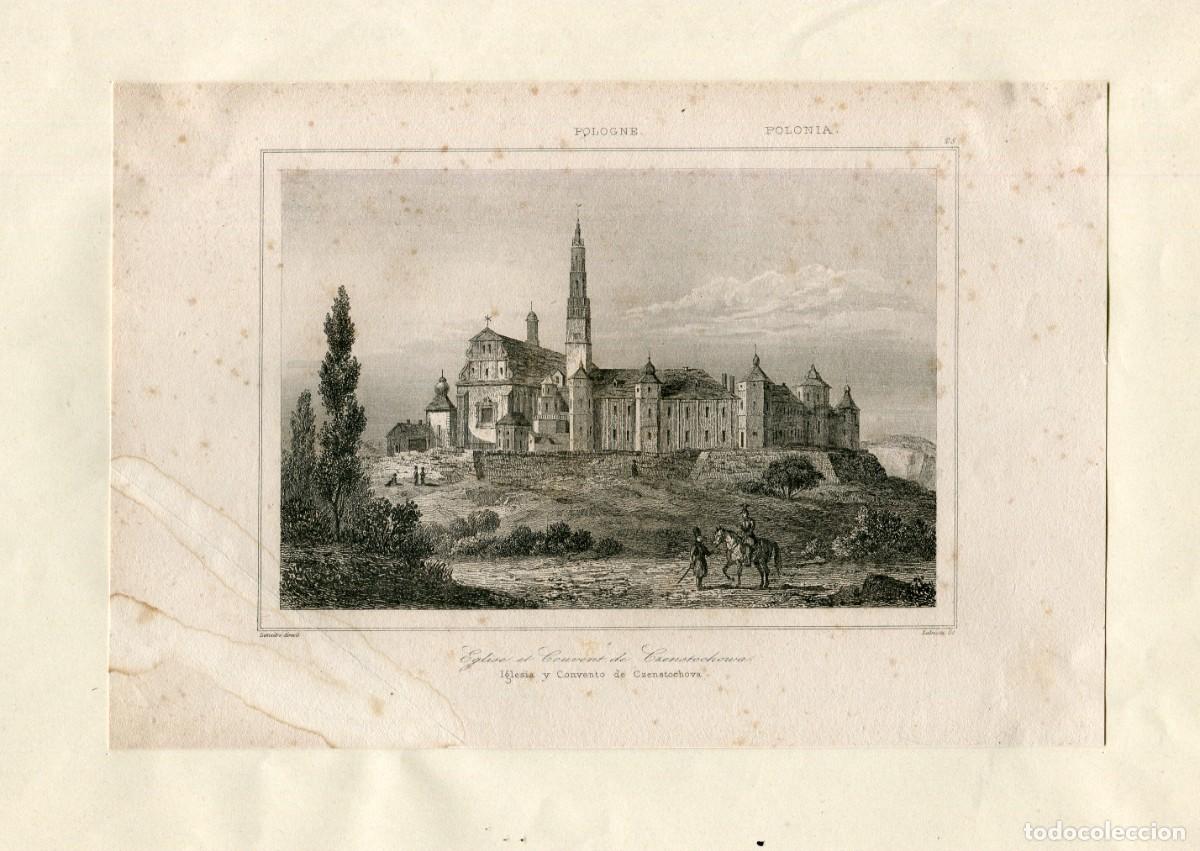Art: Convento de Czestochowa, Polonia - Grabado original s. XIX - Lemaitre