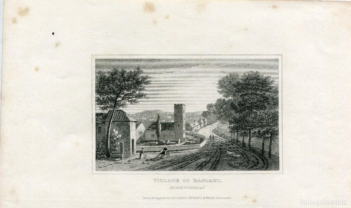 Art: Pueblo de Raglan, Monmouthshire - Grabado original al acero s. XIX