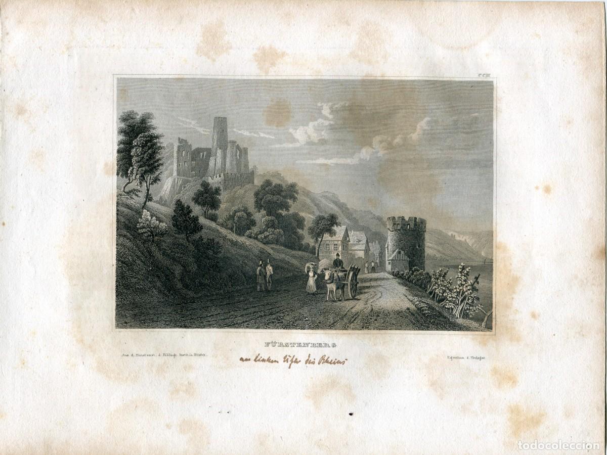 Art: Castillo de F&uuml;rstenberg, Rin - Grabado original al acero s. XIX