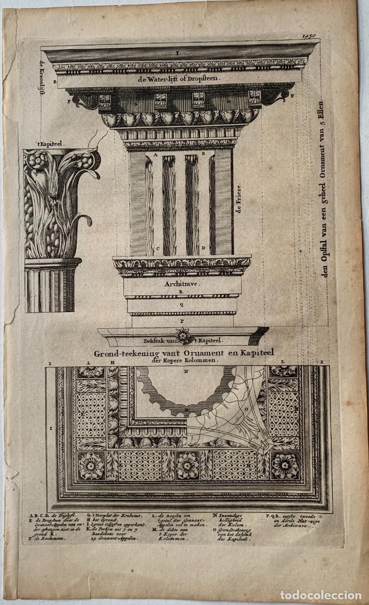 Arte: Templo de Salom&oacute;n, columnas de bronce - Grabado original de 1690 - Foto 1