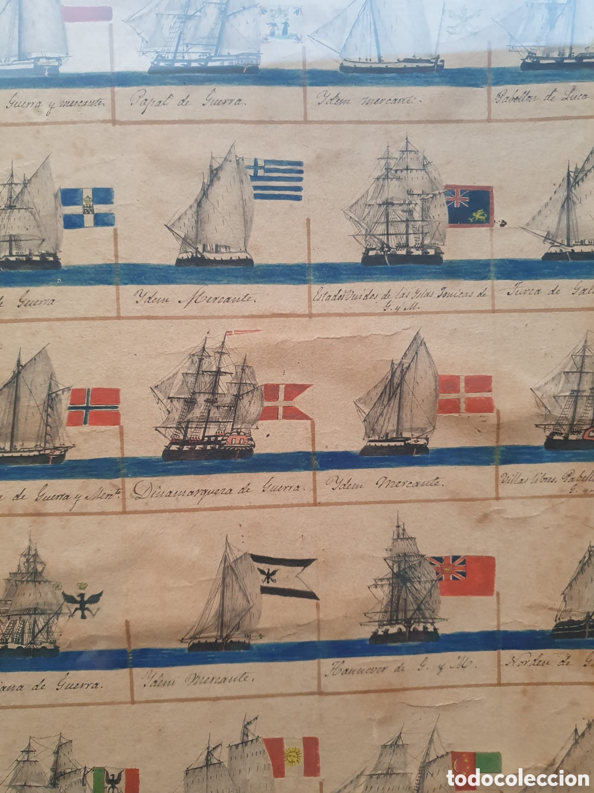 Arte: Grabado de barcos SXIX y sus pabellones - Foto 1