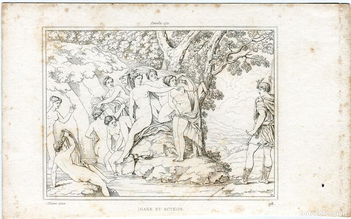 Arte: Diana y Acte&oacute;n, seg&uacute;n Albani - Grabado original a contorno s. XIX