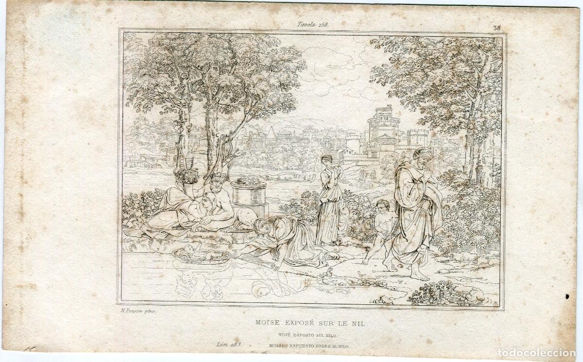 Art: Mois&eacute;s expuesto sobre el Nilo, seg&uacute;n Poussin - Grabado original s. XIX