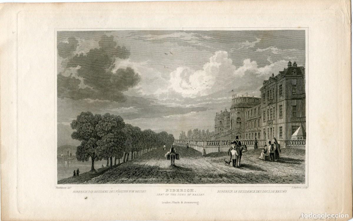 Arte: Palacio de Biebrich, Nassau - Grabado de Tombleson - Vistas del Rin